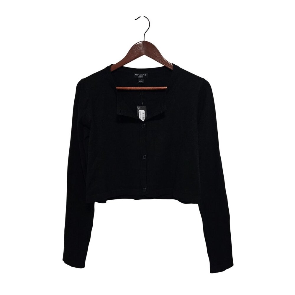 PrettyLittleThing Petite Black Basic Fine Knit Button Up Cropped Cardigan - Size